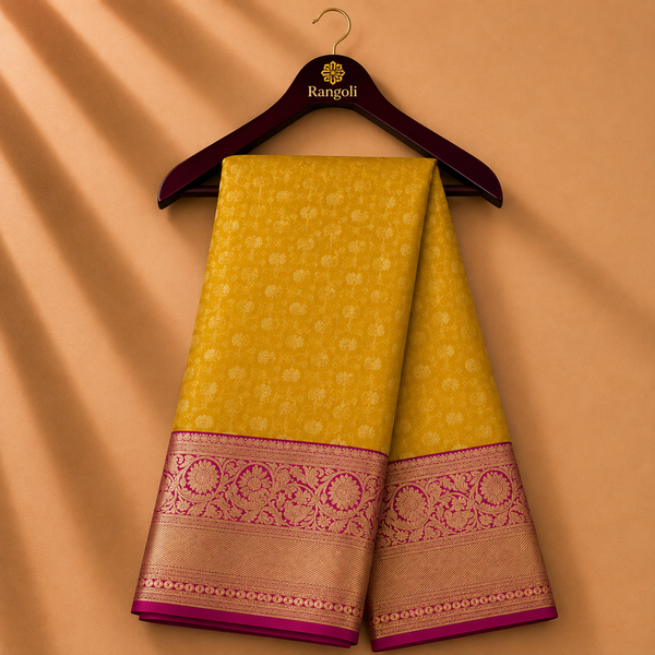 Mustard Yellow Kanchipattu Silk Saree with Magenta Floral Zari Border