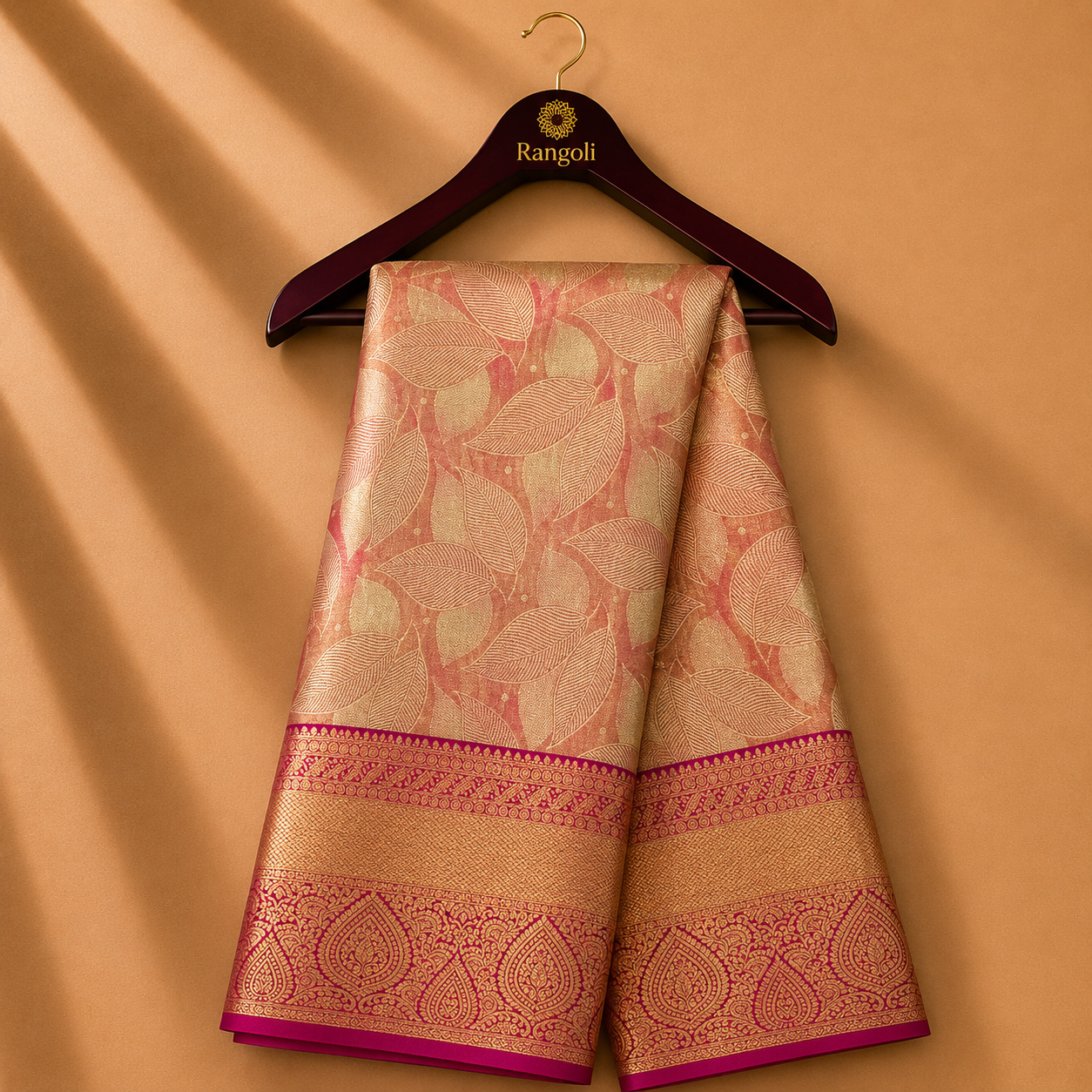 Peach Gold Kanchipattu Silk Saree with Magenta Paisley Zari Border