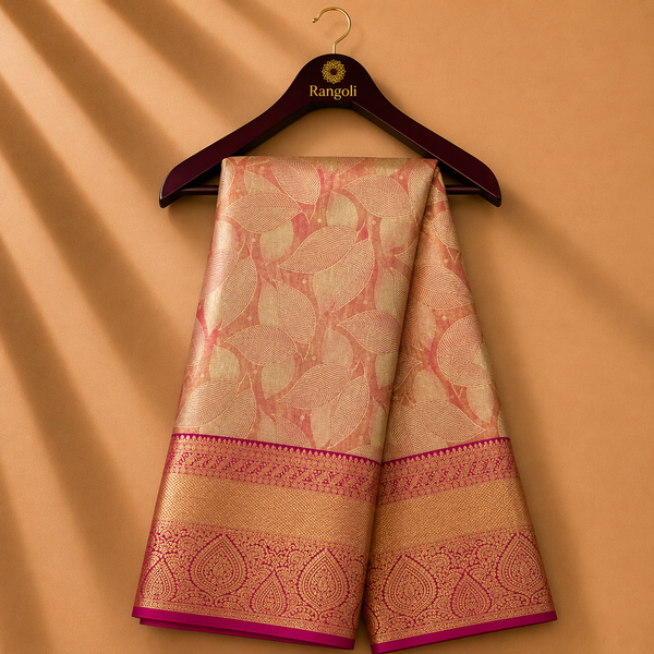 Peach Gold Kanchipattu Silk Saree with Magenta Paisley Zari Border