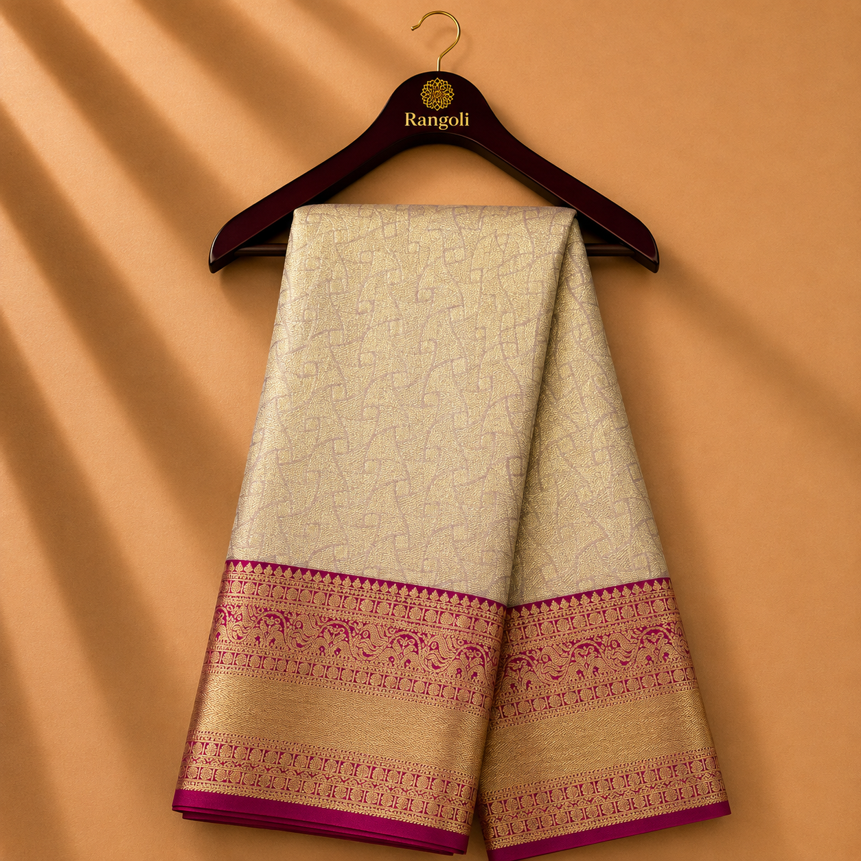 Champagne Gold Kanchipattu Silk Saree with Magenta Zari Border