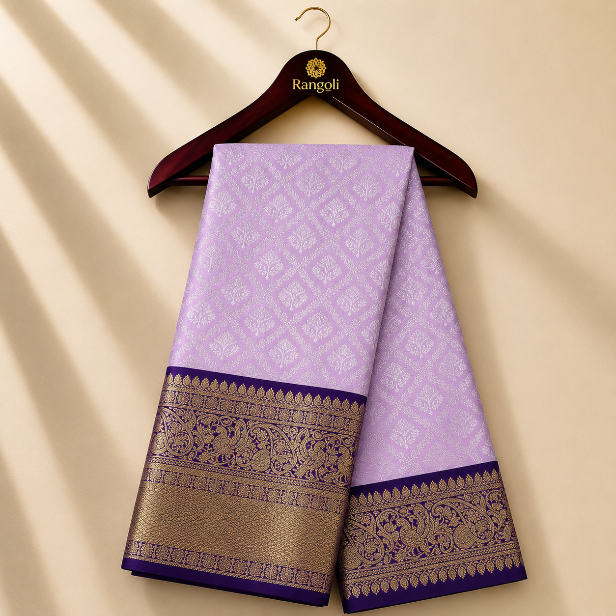 Lavender Kanchipattu Silk Saree with Royal Purple Zari Peacock Border