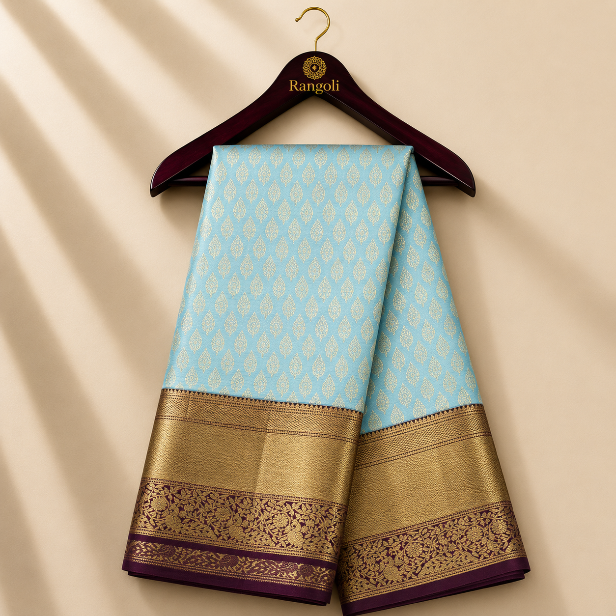 Sky Blue Kanchipattu Silk Saree with Maroon Gold Zari Floral Border