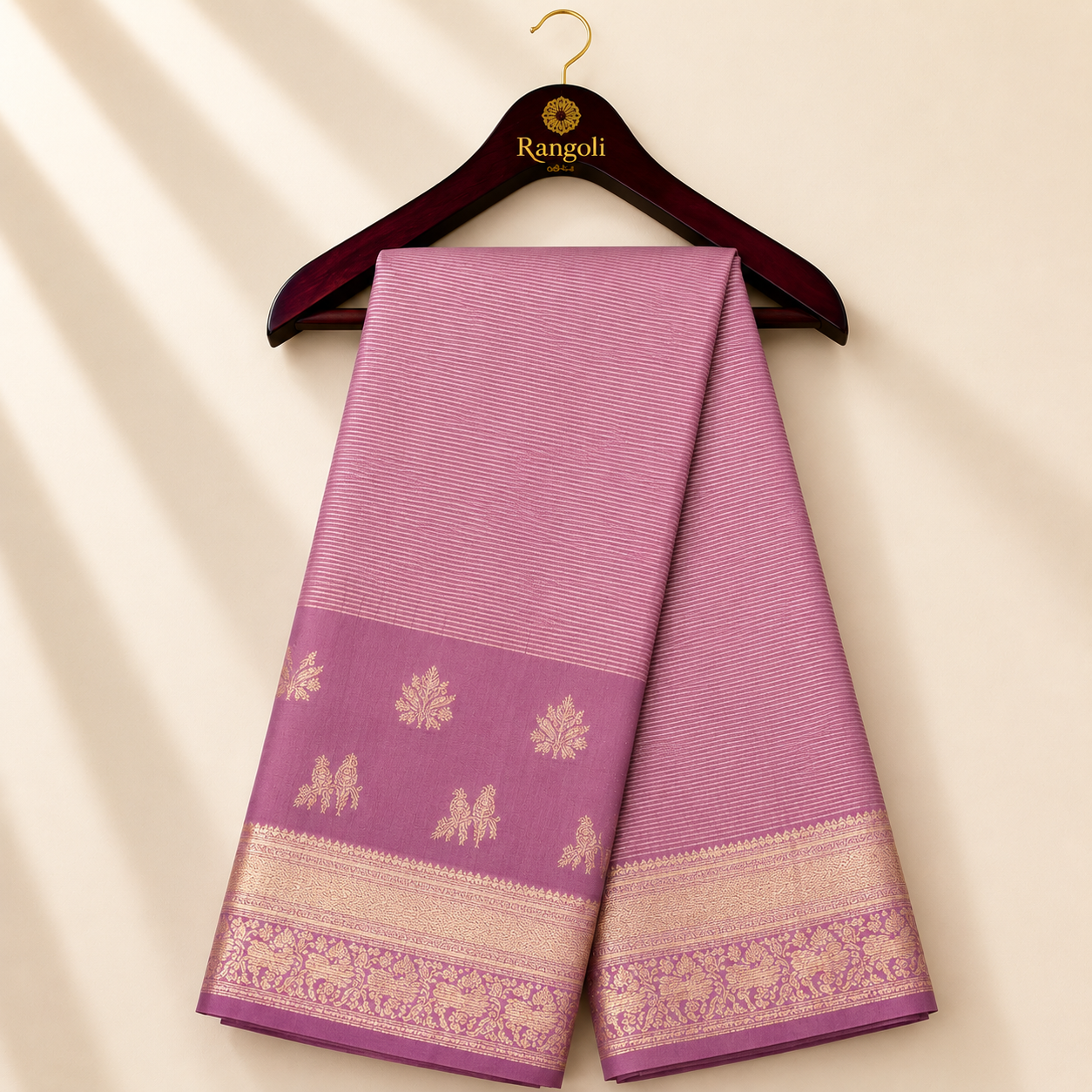 Dusty Mauve Kanchipattu Silk Saree with Gold Zari Temple Border
