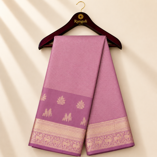 Dusty Mauve Kanchipattu Silk Saree with Gold Zari Temple Border