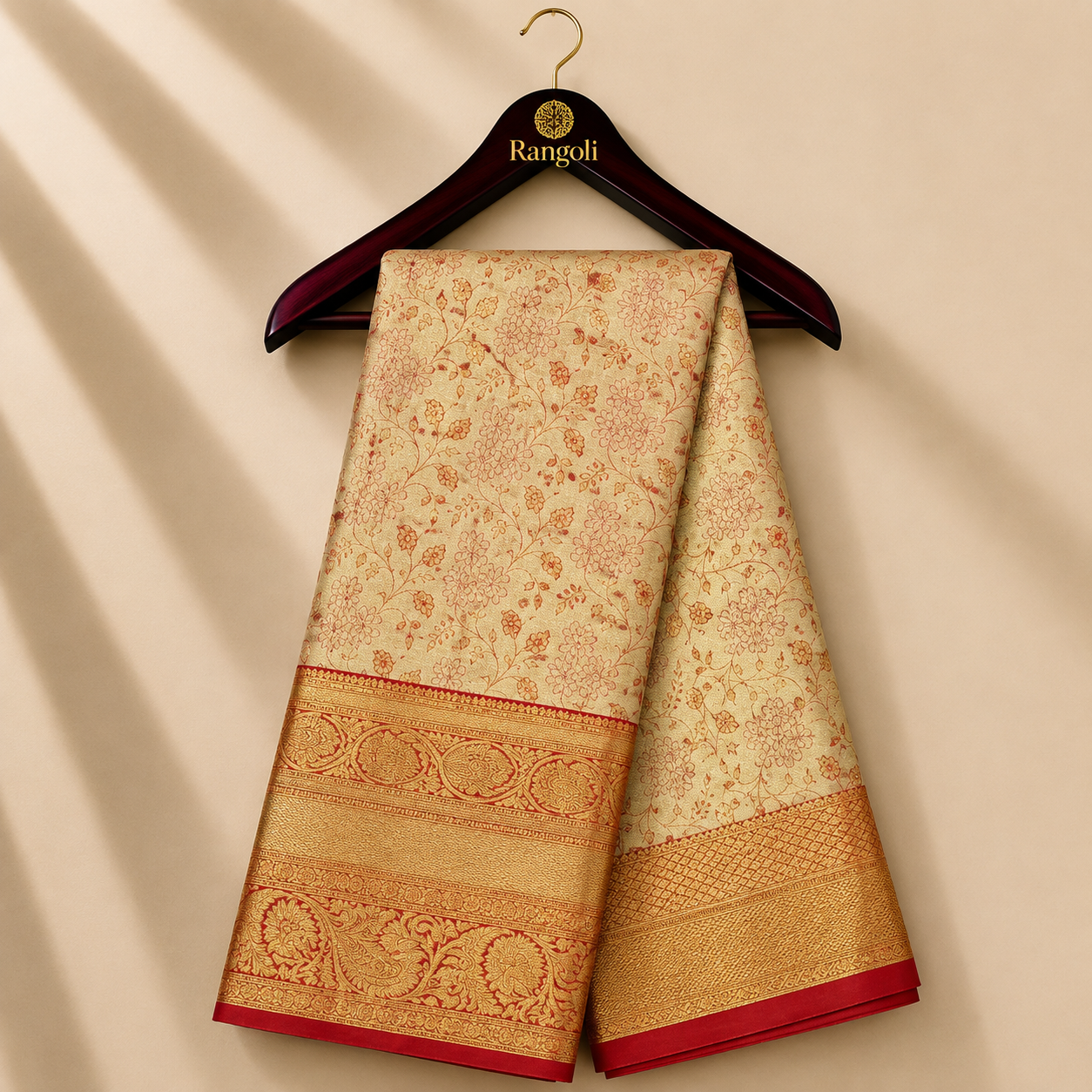 Cream Gold Kanchipattu Silk Saree with Red Zari Floral Border