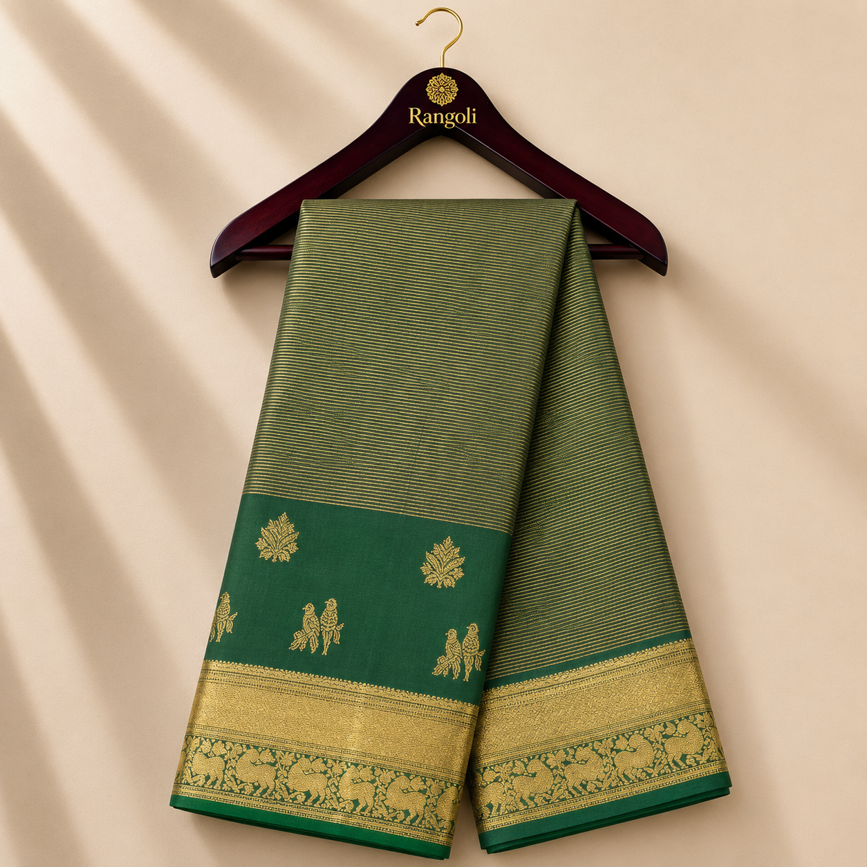Olive Green Kanchipattu Silk Saree with Gold Zari Peacock Border