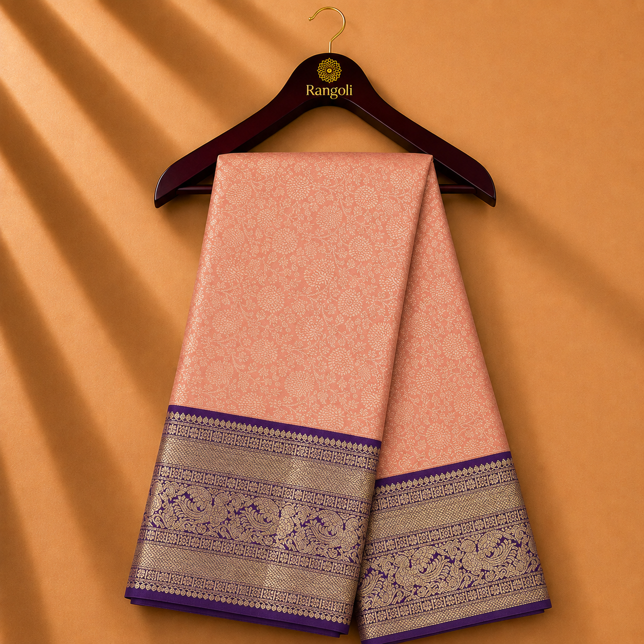 Peach Kanchi Pattu Silk Saree with Royal Purple Zari Border