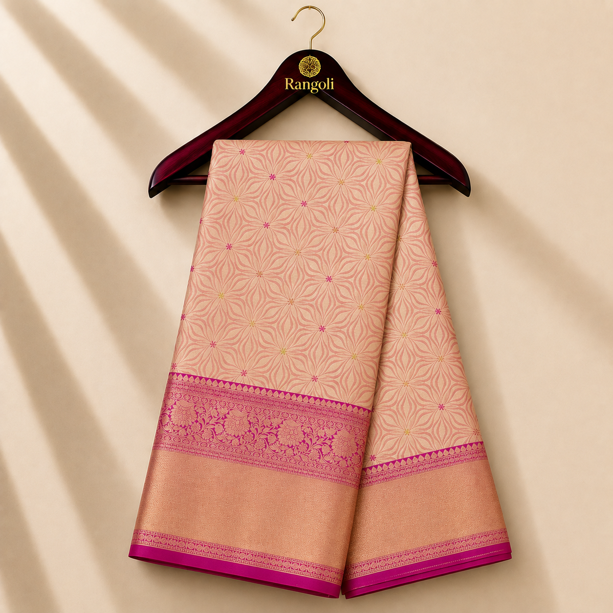 Peach Gold Kanchi Pattu Silk Saree with Magenta Zari Border