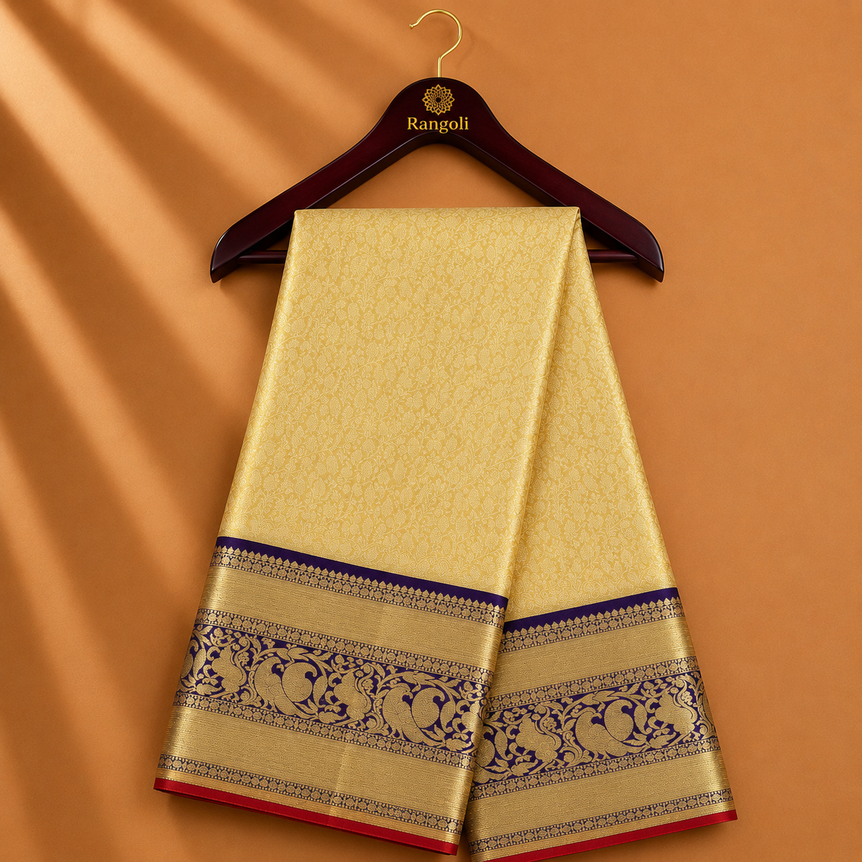 Golden Kanchi Pattu Silk Saree with Royal Purple Zari Border