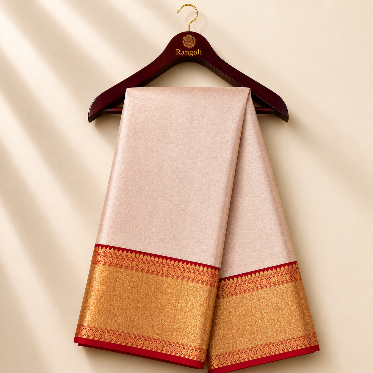 Champagne Beige Kanchi Pattu Silk Saree with Rich Gold Zari Border