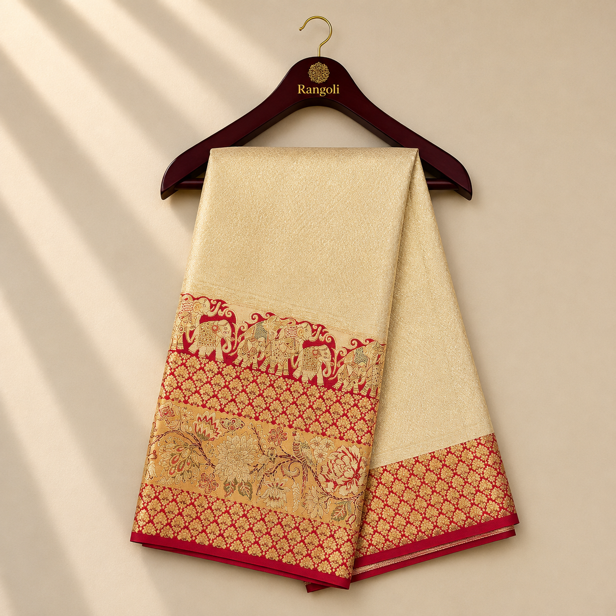 Ivory Kanchi Pattu Silk Saree with Traditional Red & Gold Zari Border