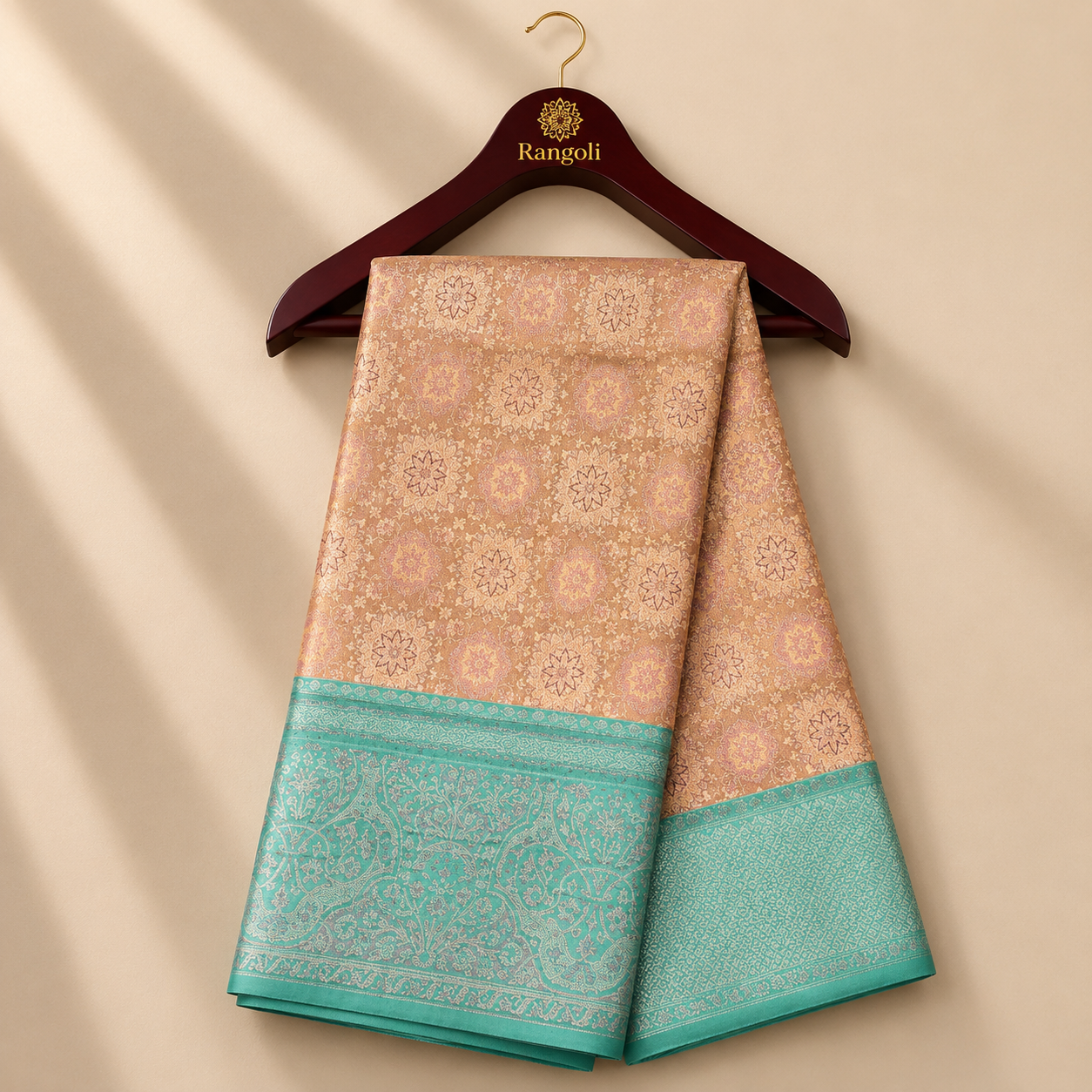 Peach Gold Kanchi Pattu Silk Saree with Aqua Green Zari Border