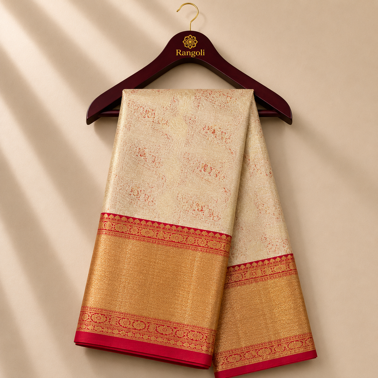 Cream Gold Kanchi Pattu Silk Saree with Rich Red Zari Border