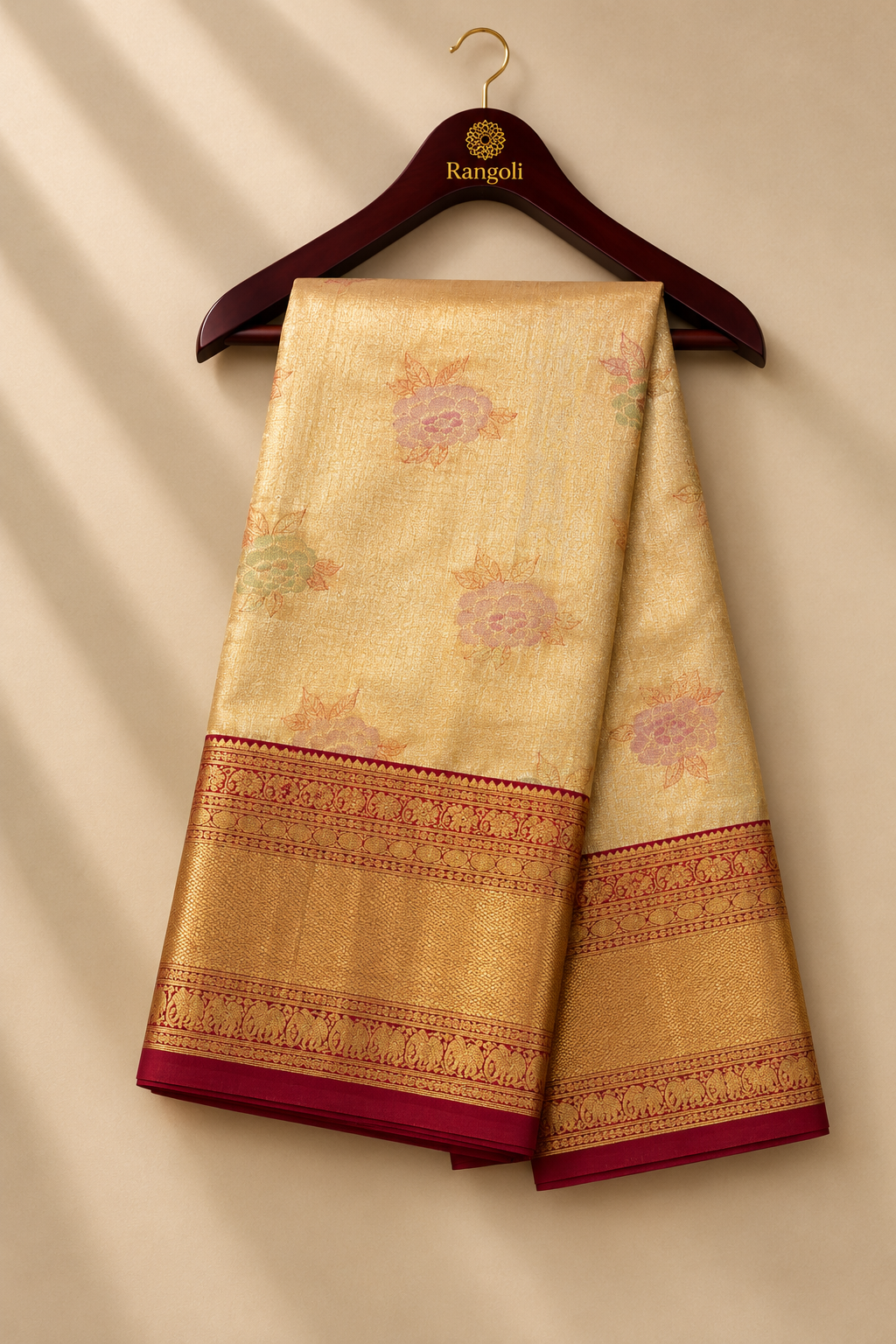 Golden Beige Kanchi Pattu Silk Saree with Maroon Zari Border