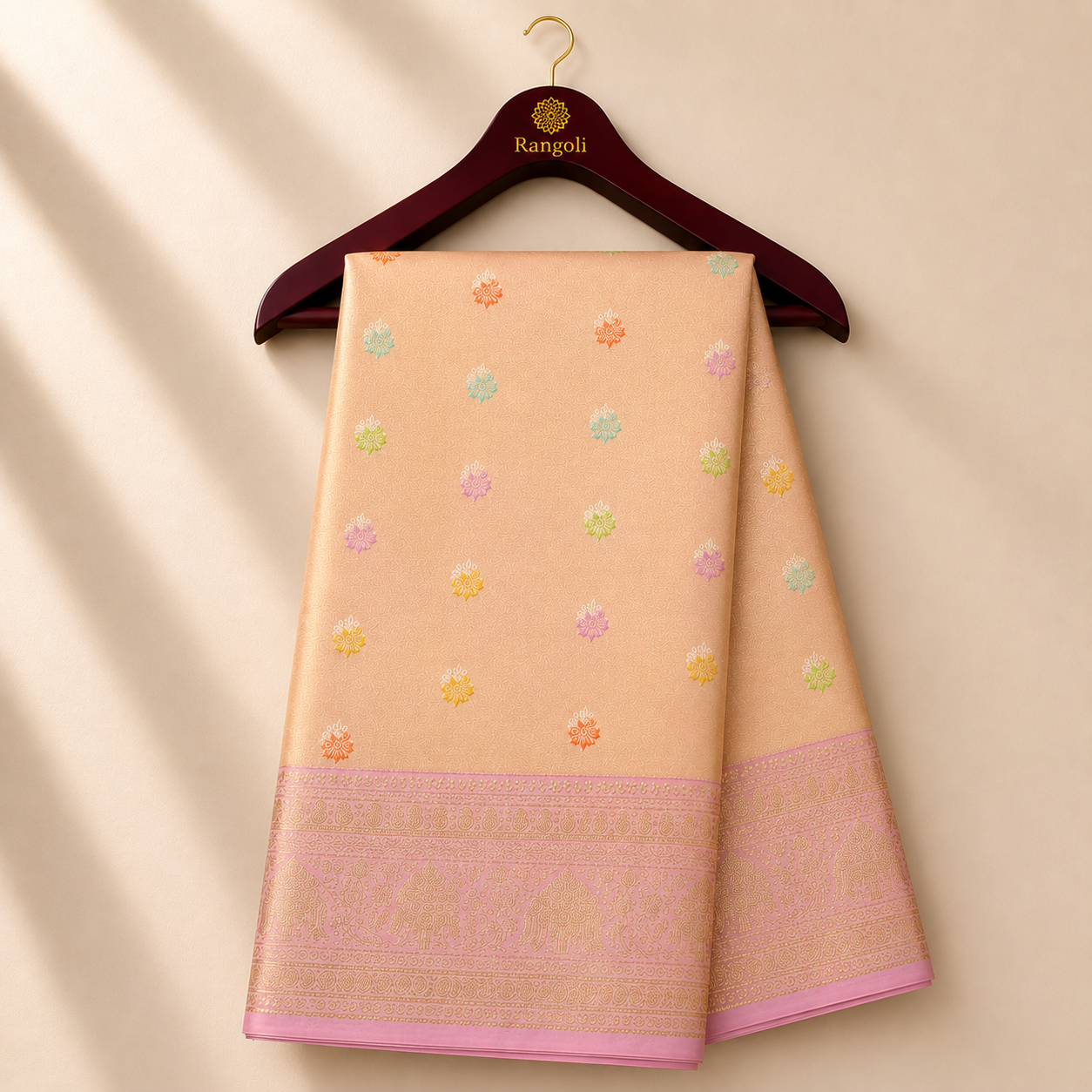 Champagne Gold Kanchi Pattu Silk Saree with Blush Pink Zari Border