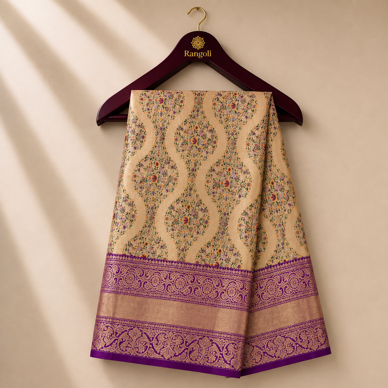 Cream Gold Kanchi Pattu Silk Saree with Royal Purple Zari Border