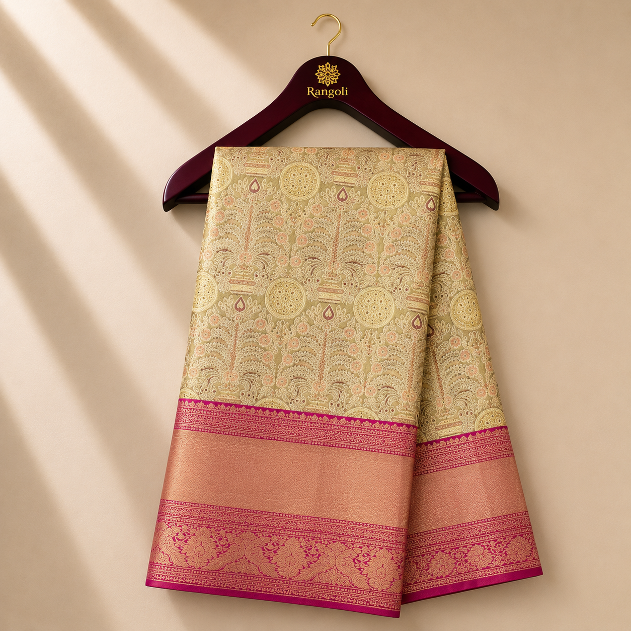 Champagne Gold Kanchi Pattu Silk Saree with Rose Pink Zari Border