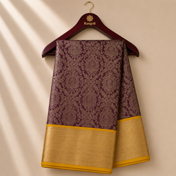 Deep Plum Kanchi Pattu Silk Saree with Antique Gold Zari Border