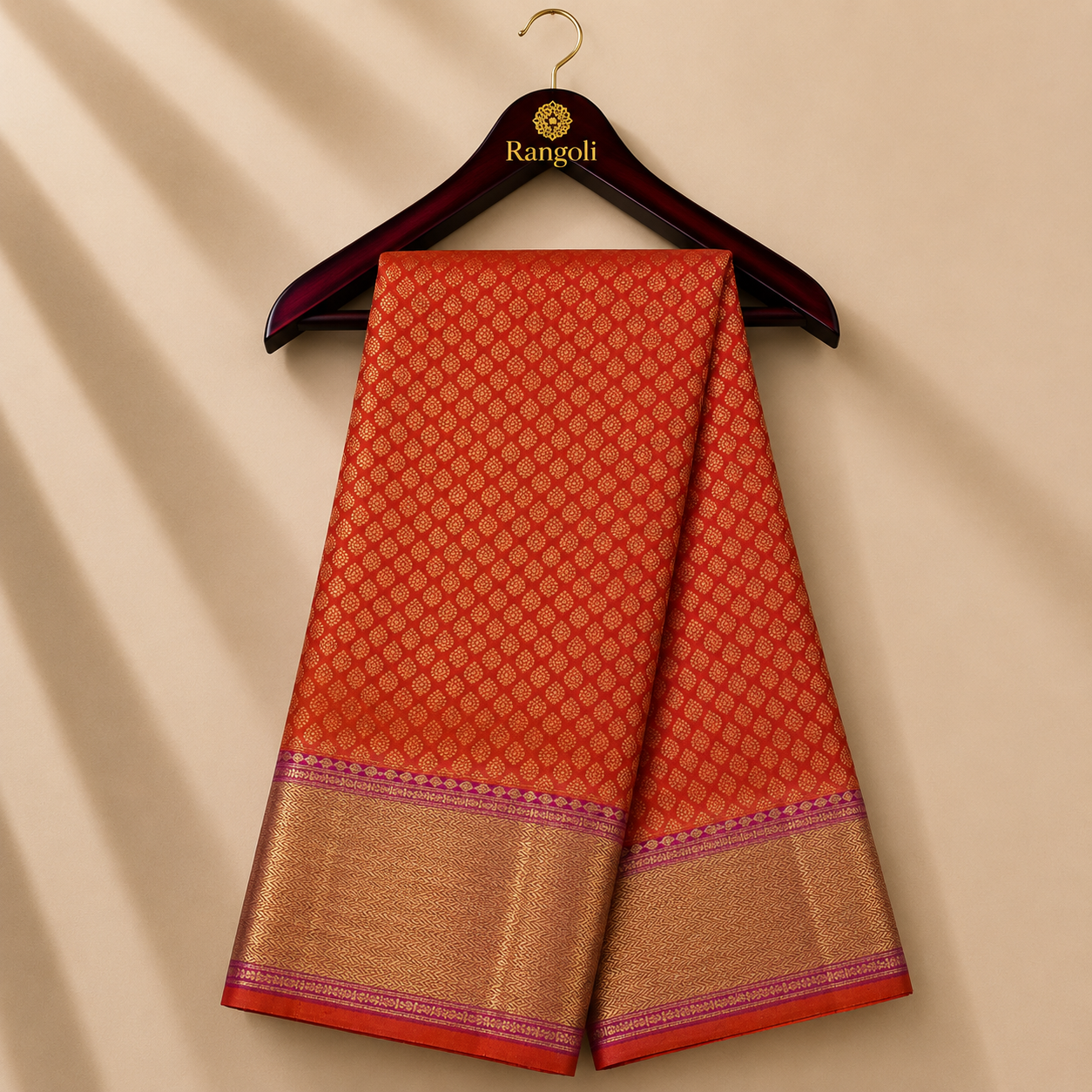 Rust Orange Kanchi Pattu Silk Saree with Rich Gold Zari Border