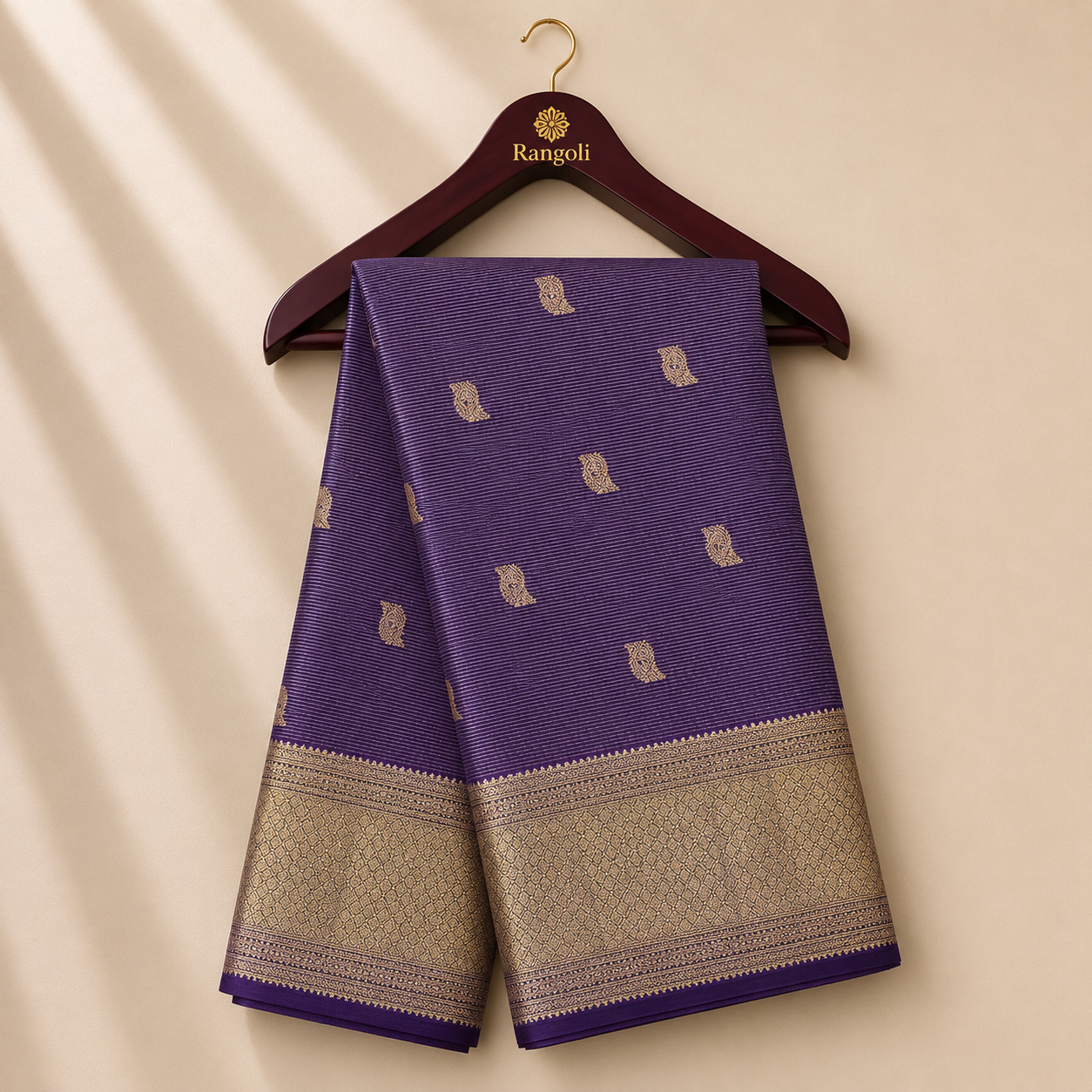 Royal Purple Kanchi Pattu Silk Saree with Gold Zari Buttas & Traditional Broad Zari Border