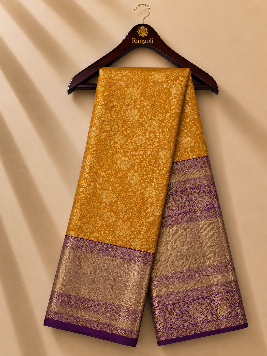 Mustard Yellow Kanchi Pattu Silk Saree with Royal Purple Zari Border