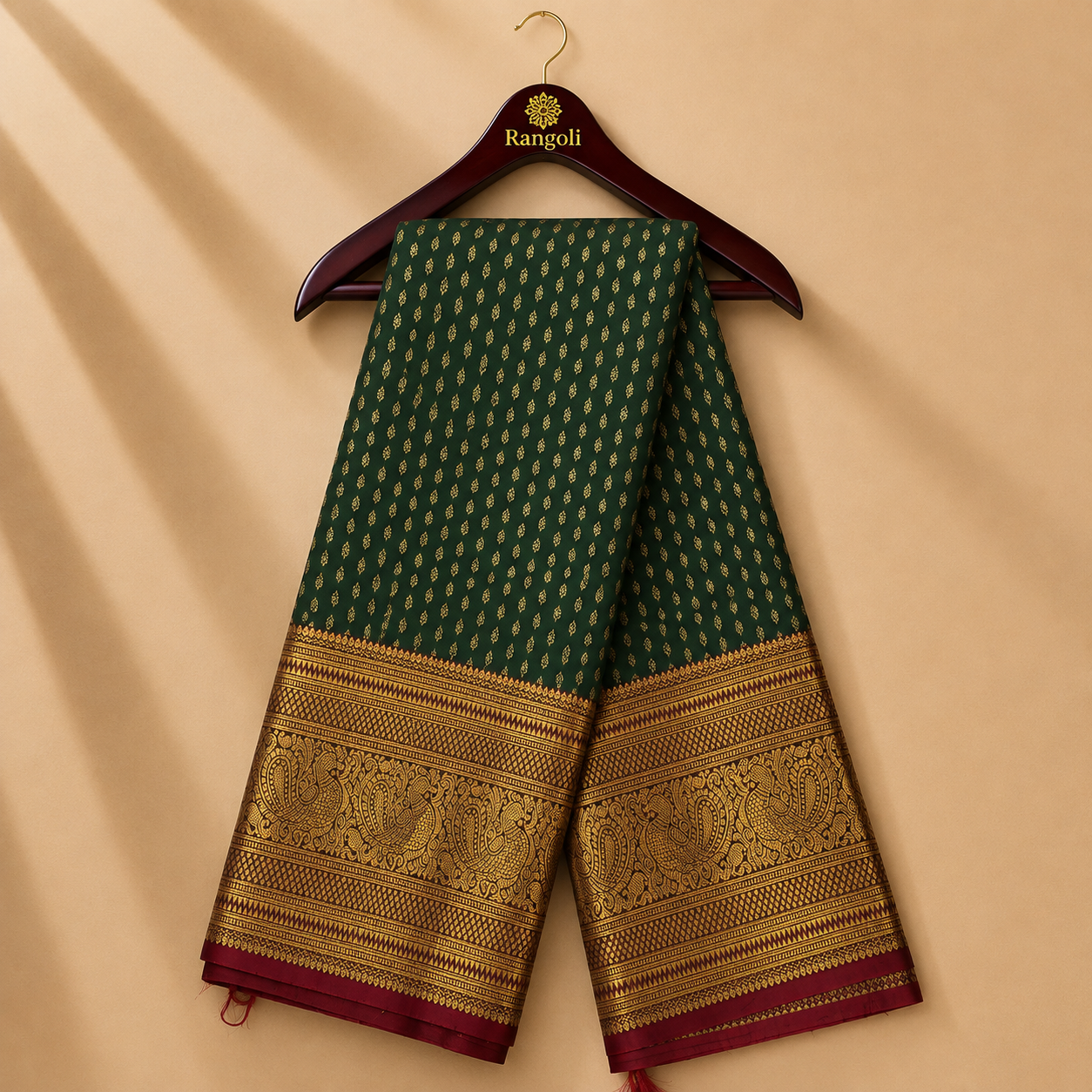 Dark Green Kanchi Pattu Silk Saree with Grand Gold Zari Peacock Border