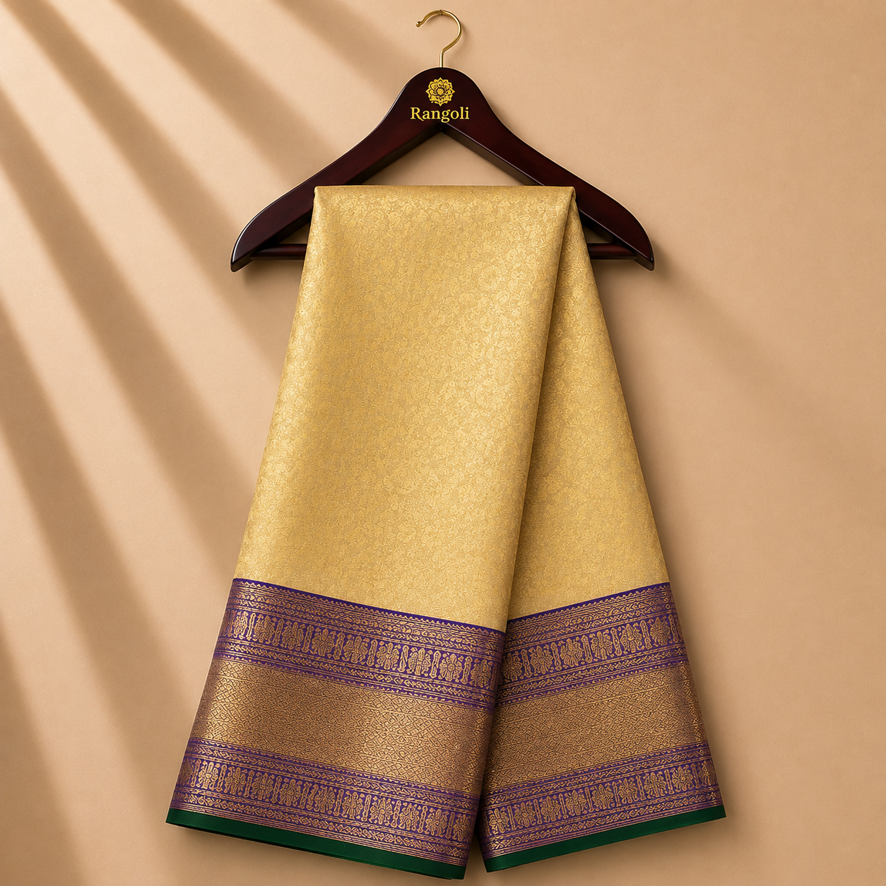 Golden Beige Kanchi Pattu Silk Saree with Royal Purple Zari Border