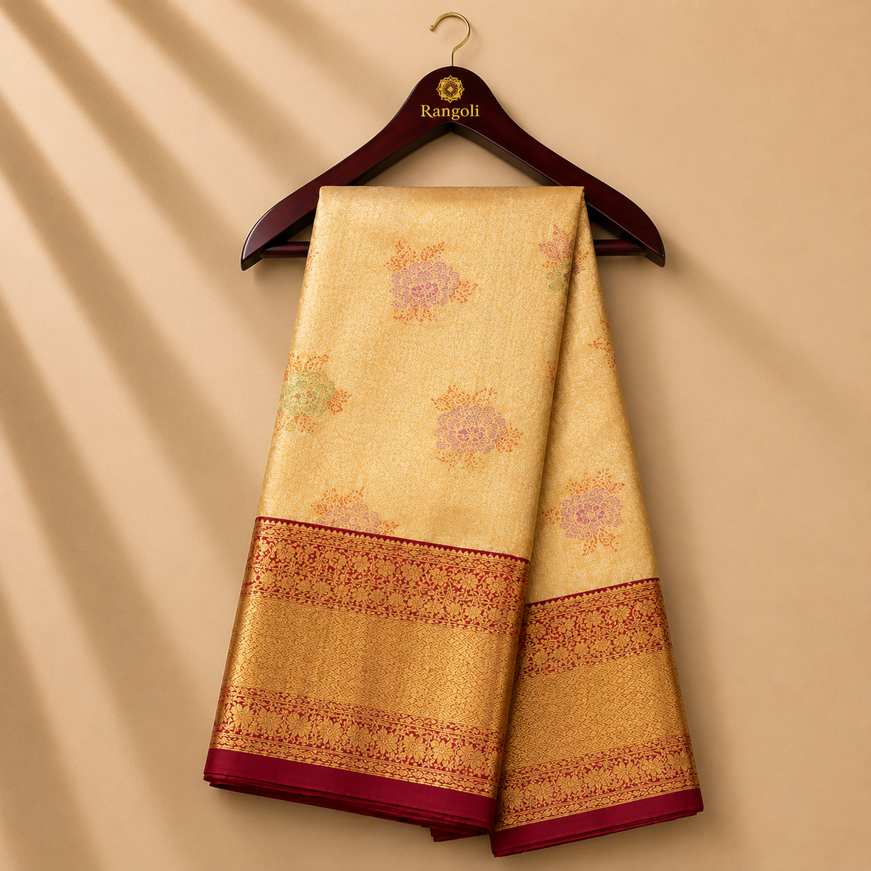 Golden Beige Kanchi Pattu Silk Saree with Maroon Zari Border