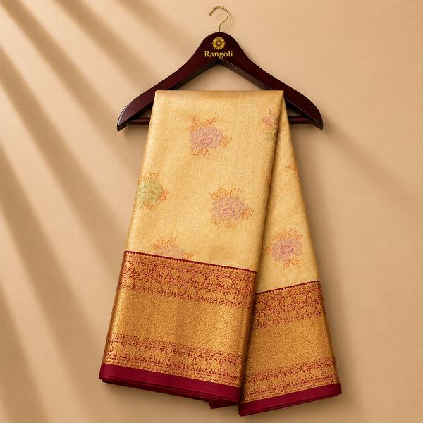 Golden Beige Kanchi Pattu Silk Saree with Maroon Zari Border