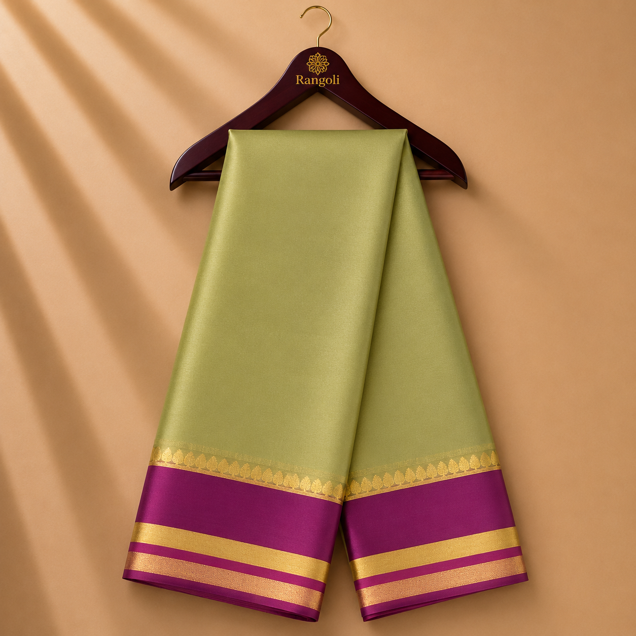 Olive Green Mysore Silk Saree with Magenta & Gold Zari Border