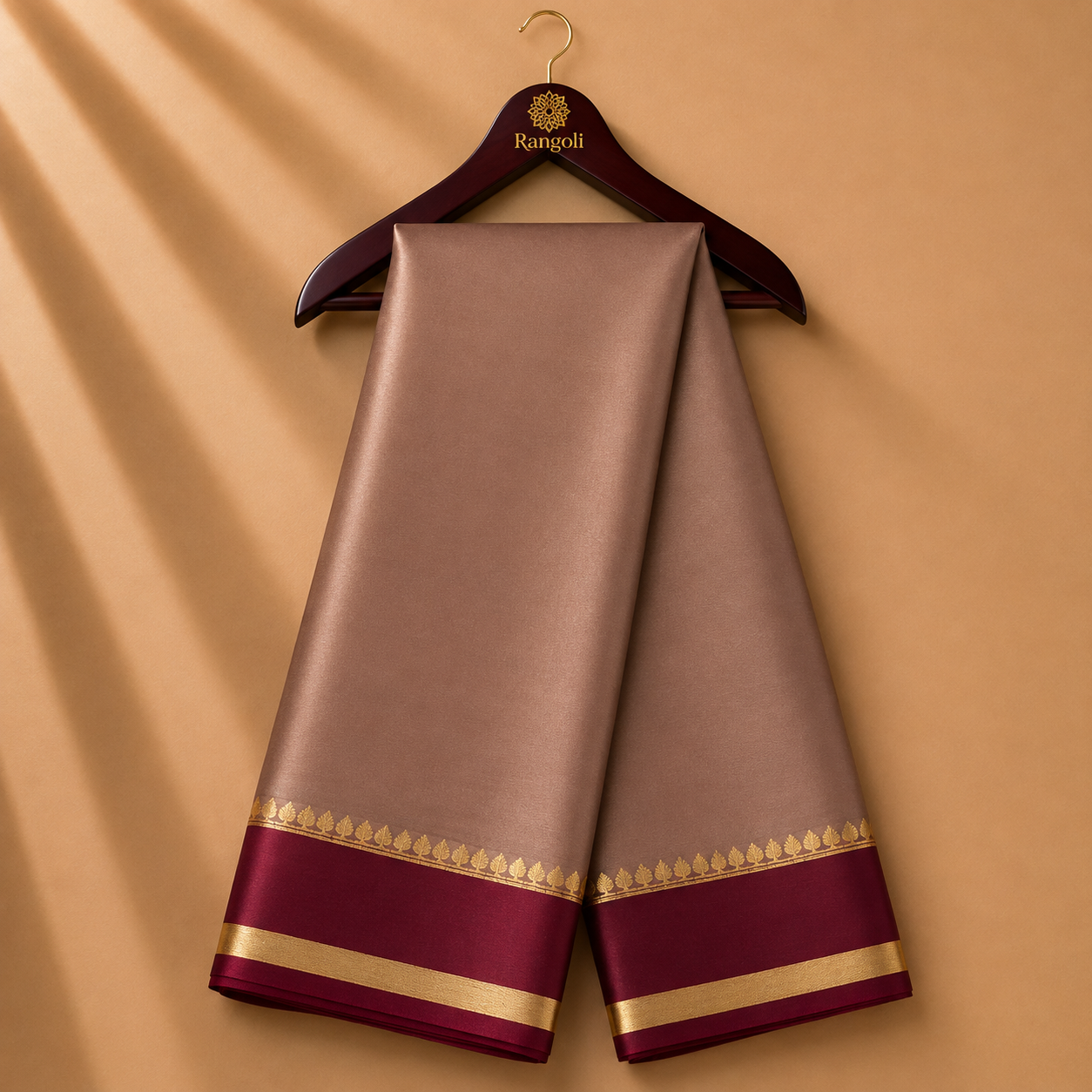 Taupe Brown Mysore Silk Saree with Maroon & Gold Zari Border