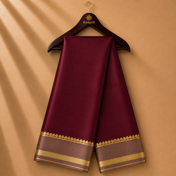 Deep Maroon Mysore Silk Saree with Taupe Gold Zari Border