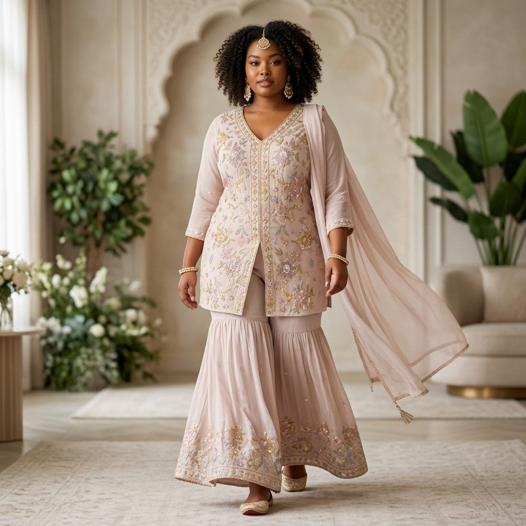 Elegant Cream Embroidered Kurta Set with Sharara & Dupatta
