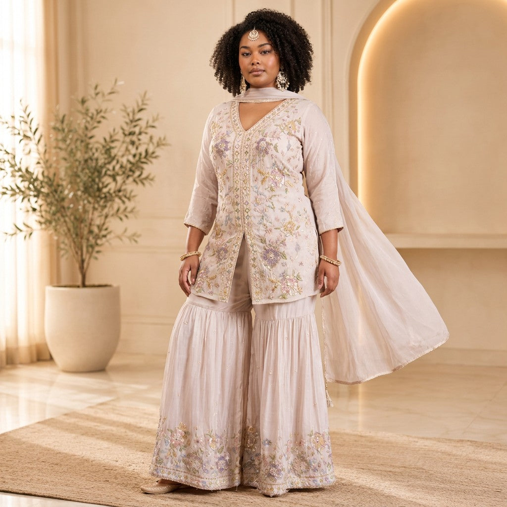 Elegant Cream Embroidered Kurta Set with Sharara & Dupatta
