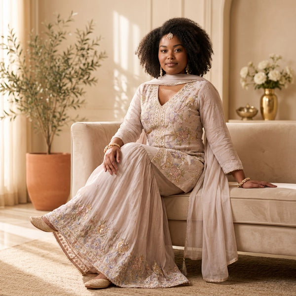 Elegant Cream Embroidered Kurta Set with Sharara & Dupatta