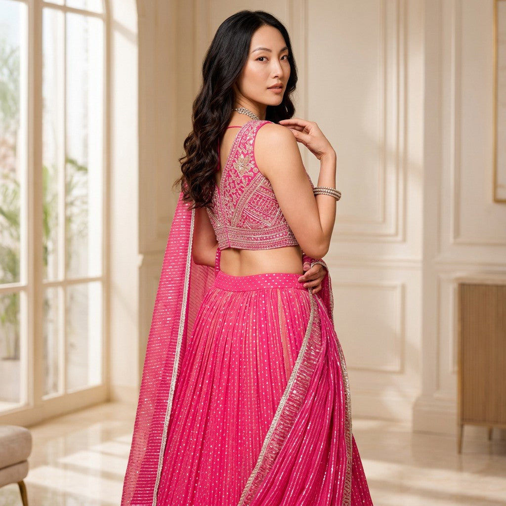Radiant Pink Embroidered Lehenga Set with Designer Blouse & Dupatta