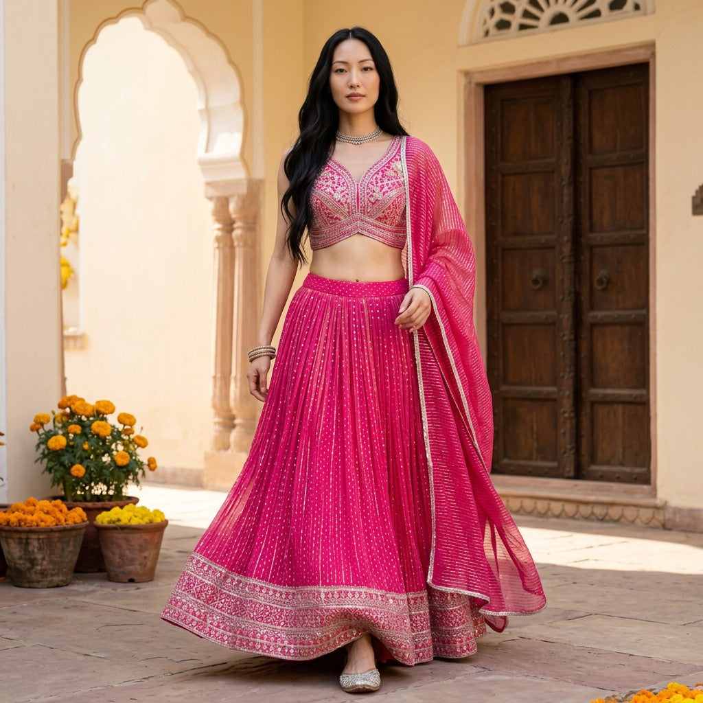 Radiant Pink Embroidered Lehenga Set with Designer Blouse & Dupatta