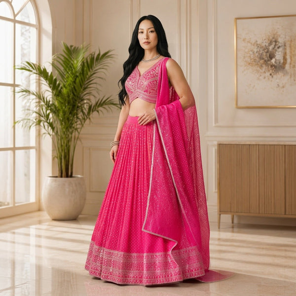 Radiant Pink Embroidered Lehenga Set with Designer Blouse & Dupatta