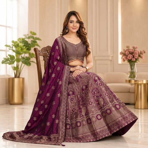 Royal Wine Banaras Lehenga Set with Designer Blouse & Dupatta