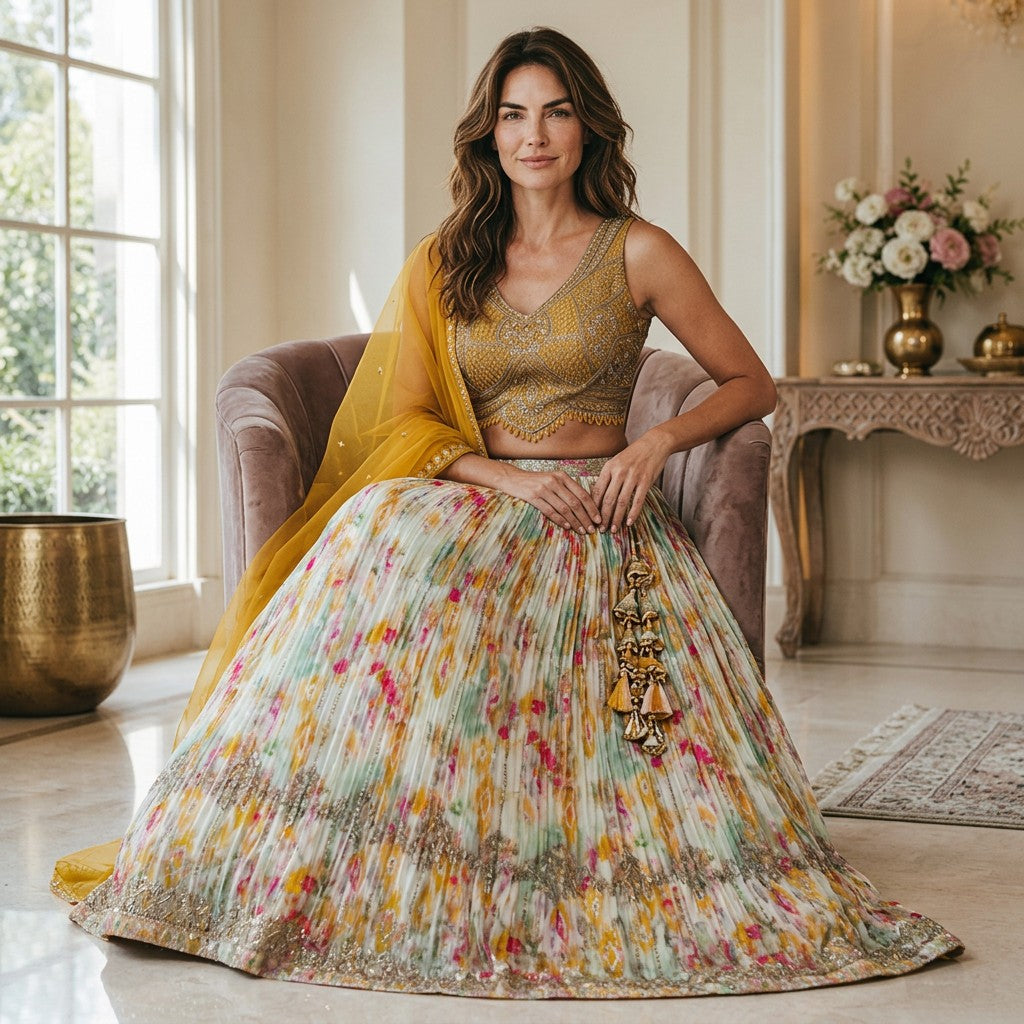 Sunlit Floral Bridal Lehenga Set with Embroidered Blouse & Yellow Dupatta