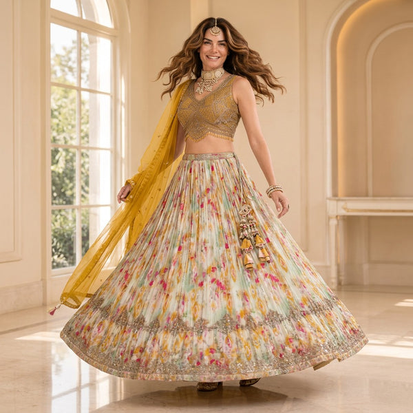 Sunlit Floral Bridal Lehenga Set with Embroidered Blouse & Yellow Dupatta