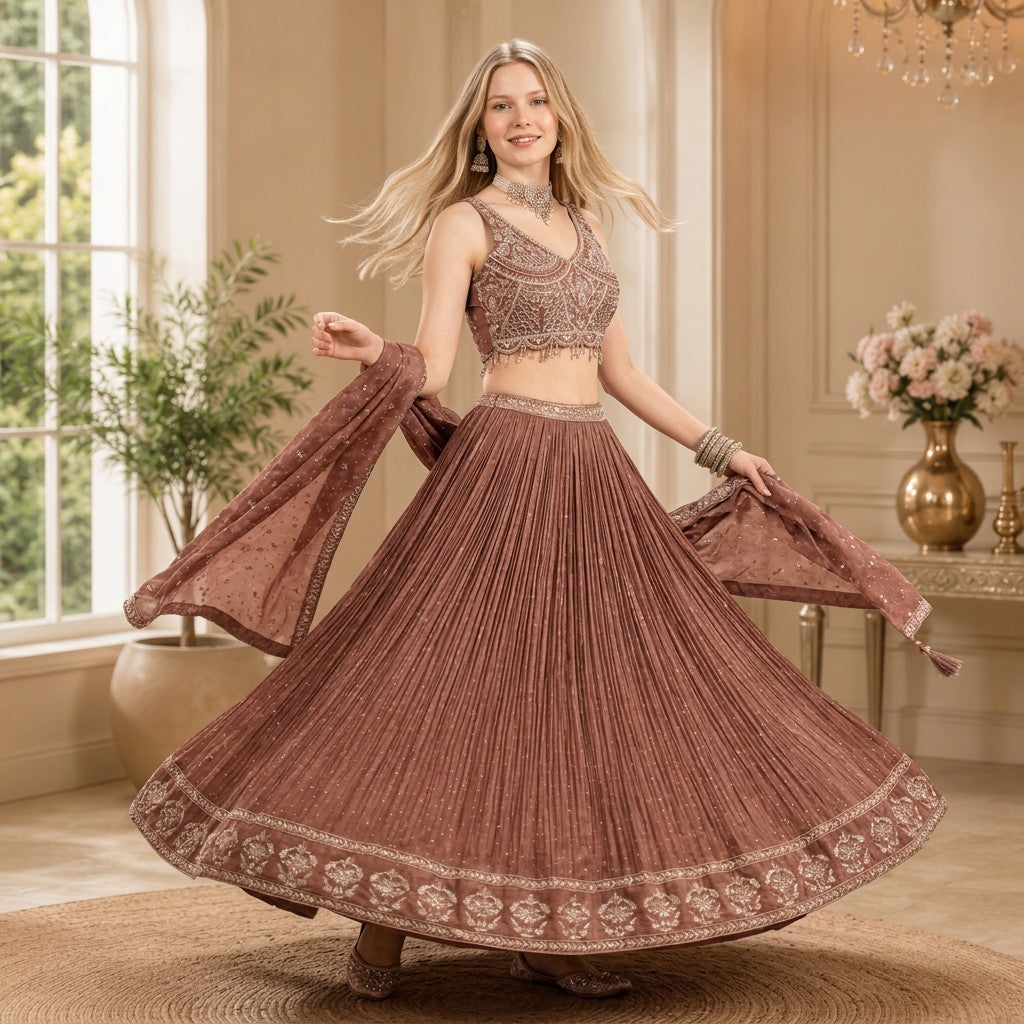 Dusty Rose Embroidered Bridal Lehenga Set with Sequined Dupatta