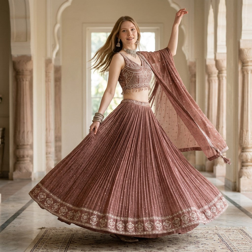 Dusty Rose Embroidered Bridal Lehenga Set with Sequined Dupatta