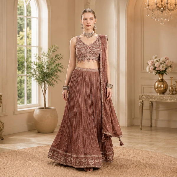 Dusty Rose Embroidered Bridal Lehenga Set with Sequined Dupatta