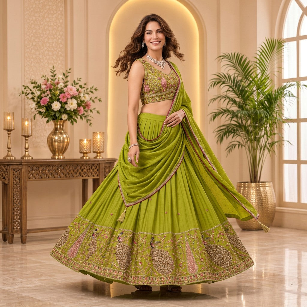 Pastel Pistachio Green Embroidered Bridal Lehenga Set with Embellished Dupatta