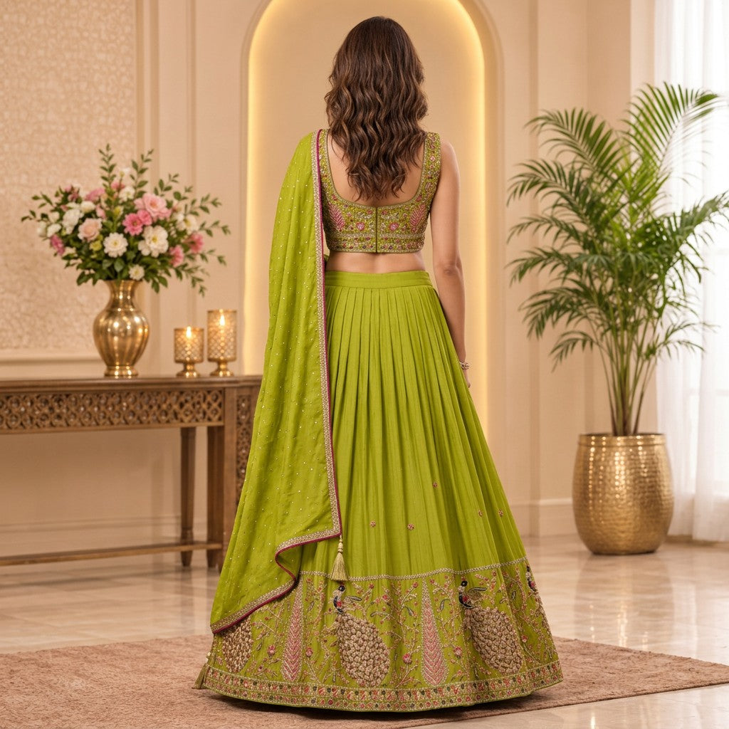 Pastel Pistachio Green Embroidered Bridal Lehenga Set with Embellished Dupatta