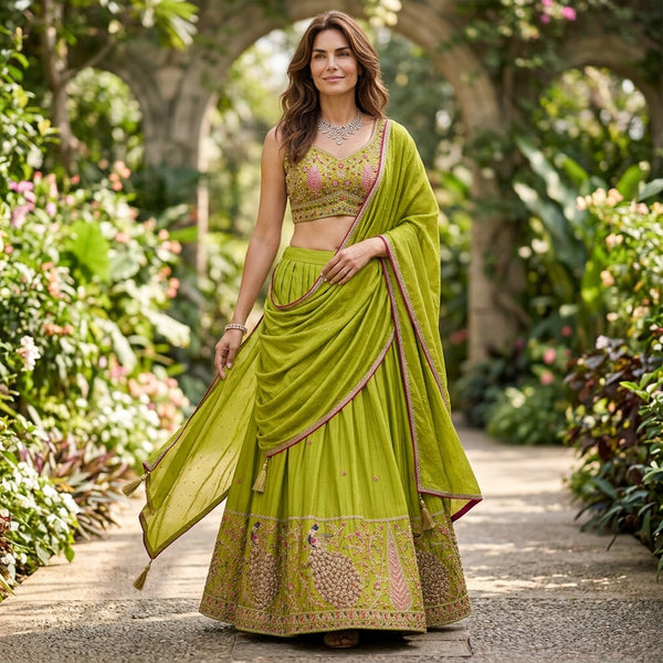 Pastel Pistachio Green Embroidered Bridal Lehenga Set with Embellished Dupatta