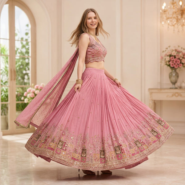 Blush Pink Embroidered Designer Lehenga Choli Set with Dupatta