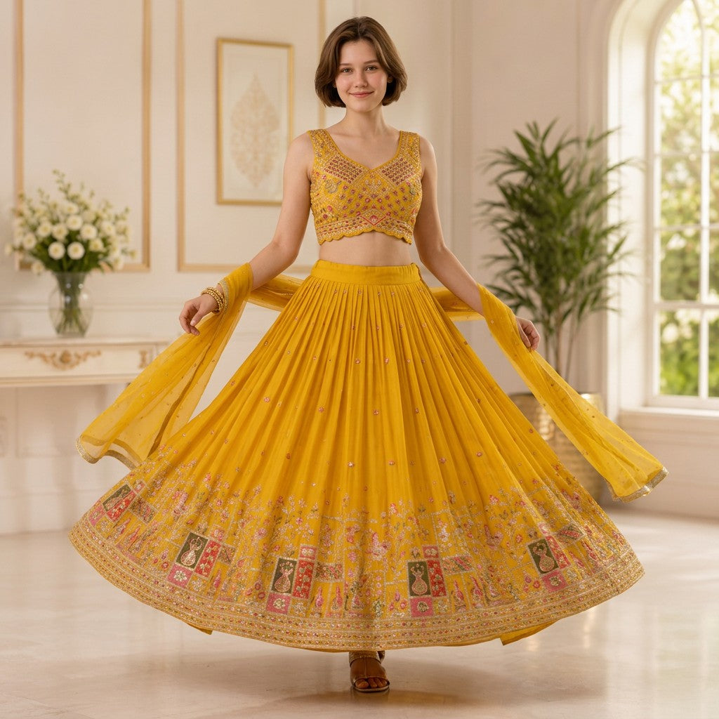 Sunshine Yellow Embroidered Designer Lehenga Choli Set with Dupatta