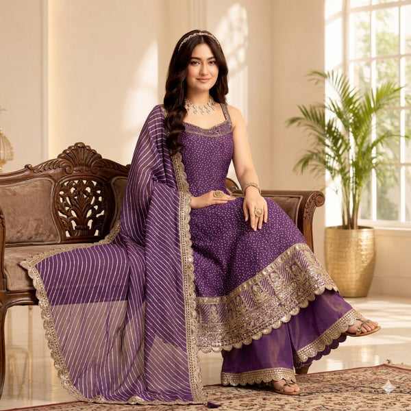 Royal Purple Embroidered Anarkali Palazzo Suit Set with Dupatta